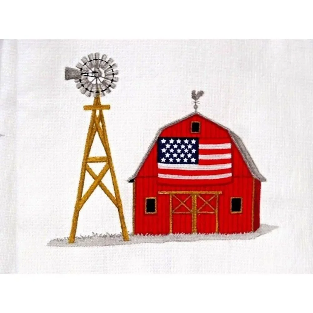 Grown in the USA Kitchen Towels Patriotic American Flag Red Barn Cotton 2pc Gift